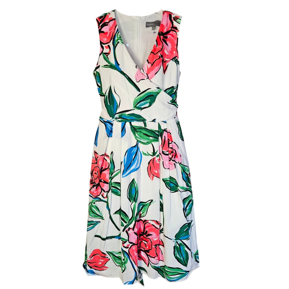 Donna Ricco Dress Womens 8 Fit Flare White Pink Floral V-Neck Sleeveless DR51286